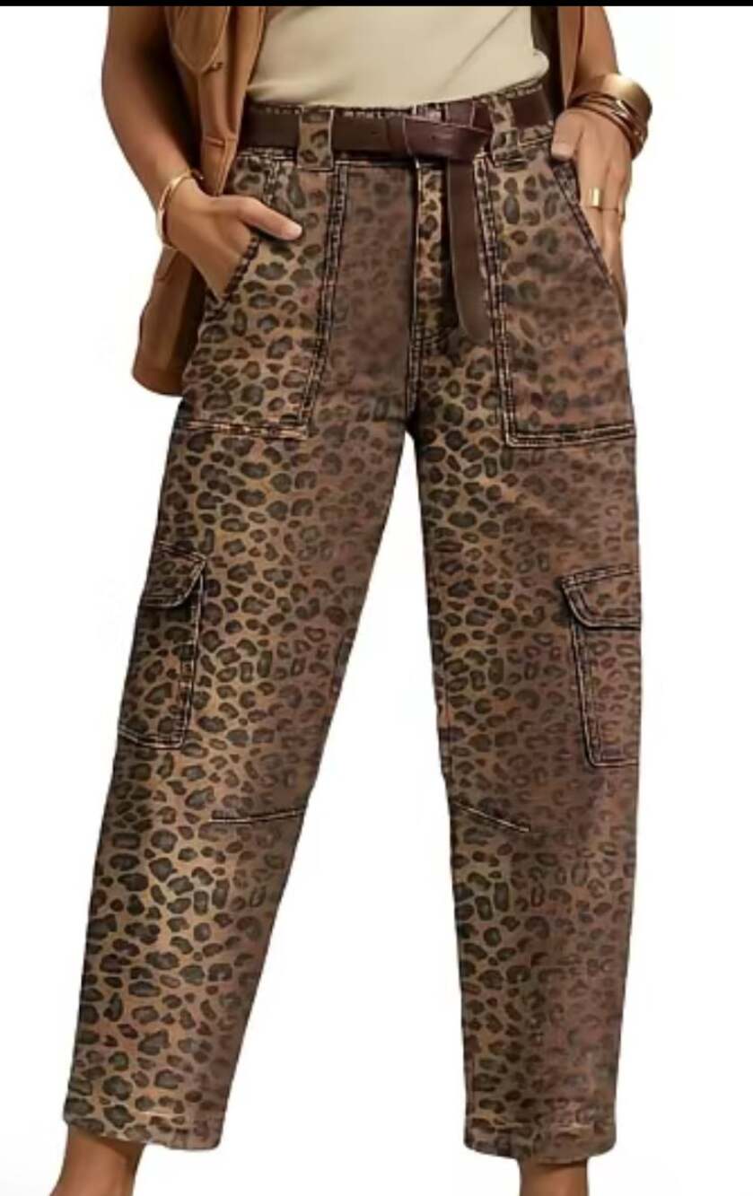 Flamingals Leopard Print Flap Pocket High Waist Tapered Cargo Crop Pants